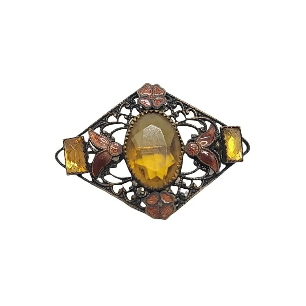 Topaz Enamel Rhinestone Floral Openwork Pin Brooch Art Nouveau C Clasp Pendant